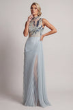 Dusty Blue Chiffon Pleated High Neck Long Mother Of the Bride Dress