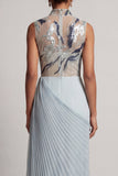 Dusty Blue Chiffon Pleated High Neck Long Mother Of the Bride Dress