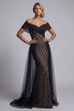 Black Plaid Beaded Mermaid Long Mother Of the Bride Dress with Cape