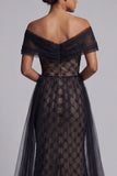 Black Plaid Beaded Mermaid Long Mother Of the Bride Dress with Cape