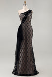 Black Plaid One Shoulder Mermaid Long Mother Of the Bride Dress with Ruffles