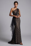 Black Plaid One Shoulder Mermaid Long Mother Of the Bride Dress with Ruffles