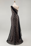 Black Plaid One Shoulder Mermaid Long Mother Of the Bride Dress with Ruffles