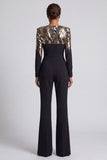 Sparkly Black Sequins Long Sleeves Round Neck Ruched Mothe Of the Bride Jumpsuits