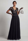 Sparkly Black Chiffon Pleated A Line Long Mother Of the Bride Dress with Sleeves