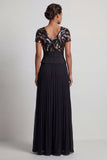 Sparkly Black Chiffon Pleated A Line Long Mother Of the Bride Dress with Sleeves