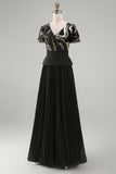 Sparkly Black Chiffon Pleated A Line Long Mother Of the Bride Dress with Sleeves