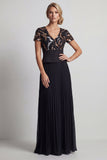 Sparkly Black Chiffon Pleated A Line Long Mother Of the Bride Dress with Sleeves
