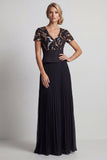Sparkly Black Chiffon Pleated A Line Long Mother Of the Bride Dress with Sleeves