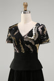 Sparkly Black Chiffon Pleated A Line Long Mother Of the Bride Dress with Sleeves