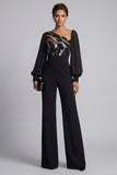 Sparkly Black Ruched Sequin Long Sleeves Mother Of the Bride Jumpsuits