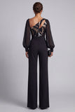 Sparkly Black Ruched Sequin Long Sleeves Mother Of the Bride Jumpsuits