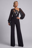 Sparkly Black Ruched Sequin Long Sleeves Mother Of the Bride Jumpsuits