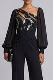 Sparkly Black Ruched Sequin Long Sleeves Mother Of the Bride Jumpsuits