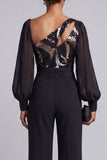 Sparkly Black Ruched Sequin Long Sleeves Mother Of the Bride Jumpsuits