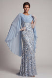 Sparkly Sky Blue Beaded Mermaid Long Mother Of the Bride Dress with Cape