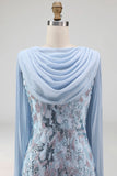 Sparkly Sky Blue Beaded Mermaid Long Mother Of the Bride Dress with Cape