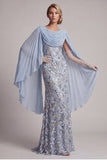 Sparkly Sky Blue Beaded Mermaid Long Mother Of the Bride Dress with Cape