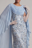 Sparkly Sky Blue Beaded Mermaid Long Mother Of the Bride Dress with Cape