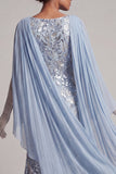 Sparkly Sky Blue Beaded Mermaid Long Mother Of the Bride Dress with Cape