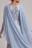 Sparkly Sky Blue Beaded Mermaid Long Mother Of the Bride Dress with Cape