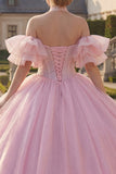 Pink Halter Neck Ball Gown Beaded Corset Quinceanera Dress with Puff Sleeves