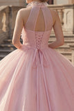 Ball Gown Blush Halter Neck Appliqued Quinceanera Dress