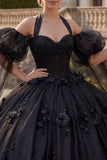 Ball Gown Halter Neck Appliqued Black Beaded Quinceanera Dress with Puff Sleeves