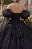 Ball Gown Halter Neck Appliqued Black Beaded Quinceanera Dress with Puff Sleeves
