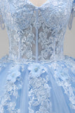 Light Blue Off the Shoulder Ball Gown Appliqued Corset Quinceanera Dress