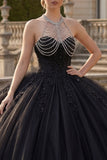 Black Halter Neck Ball Gown Glitter Princess Quinceanera Dress