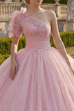 One Shoulder Ball Gown Pink Ruched Appliqued Glitter Quinceanera Dress