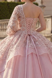 Ball Gown Pink One Shoulder Beaded Ruffled Quinceanera Dress