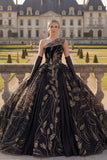 One Shoulder Black Ball Gown Appliqued Quinceanera Dress