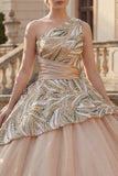 Sparkly Champagne Ball Gown One Shoulder Sequins Quinceanera Dress