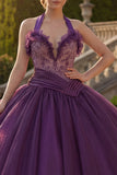 Dark Purple Halter Neck Ball Gown Beaded Quinceanera Dress with Ruffles