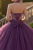 Dark Purple Halter Neck Ball Gown Beaded Quinceanera Dress with Ruffles