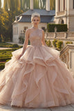 One Shoulder Champagne Ball Gown Beaded Quinceanera Dress with Ruffles