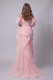 Off The Shoulder Pink Ruffled Pageant Dress with Side Cape