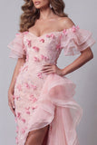 Off The Shoulder Pink Ruffled Pageant Dress with Side Cape