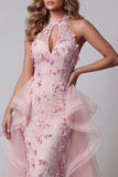 Halter Pink Ruffled Open Back Mermaid Pageant Dress