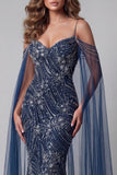 Cold Shoulder Navy Beaded Mermaid Pageant Dress