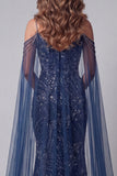 Cold Shoulder Navy Beaded Mermaid Pageant Dress