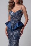 Cold Shoulder Navy Sequin Mermaid Pageant Dress