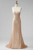 Sparkly Champagne Sequins Mermaid Long V-Neck Pageant Dress with Beading