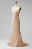 Sparkly Champagne Sequins Mermaid Long V-Neck Pageant Dress with Beading