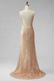 Sparkly Champagne Sequins Mermaid Long V-Neck Pageant Dress with Beading