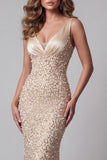 Champagne Sequin Mermaid V Neck Pageant Dress