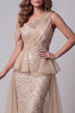One Shoulder Champagne Sequin Mermiad Pageant Dress with Cape