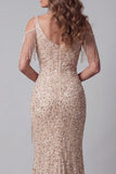 Cold Shoulder Champagne Sequin Mermiad Pageant Dress with Slit